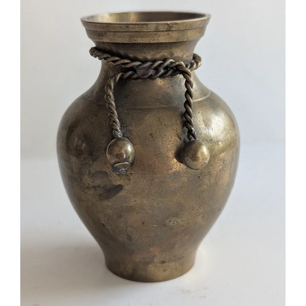 Vintage Brass Bud Vase with Twisted Rope Accent and Sphere Finials Patina 4.75